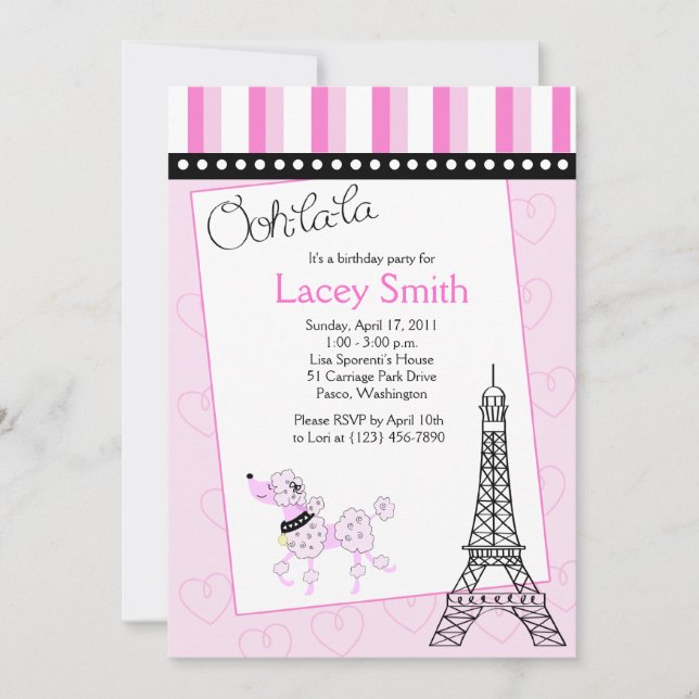 Paris Poodle 5x7 Pink Birthday Invitation (Front)