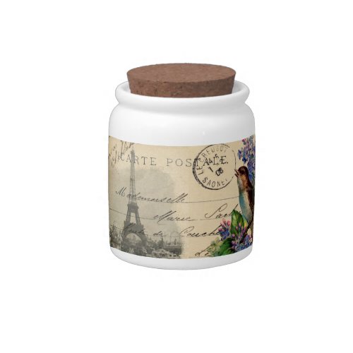 Paris Postcard Bird on Lilacs Candy Jar Canister