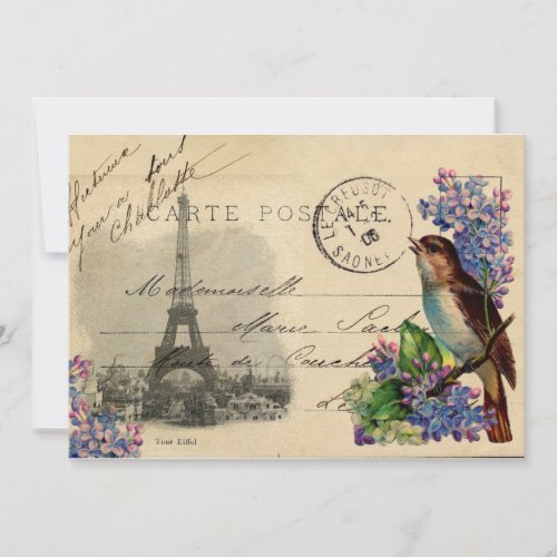 Paris Postcard Bird on Lilacs Invitation