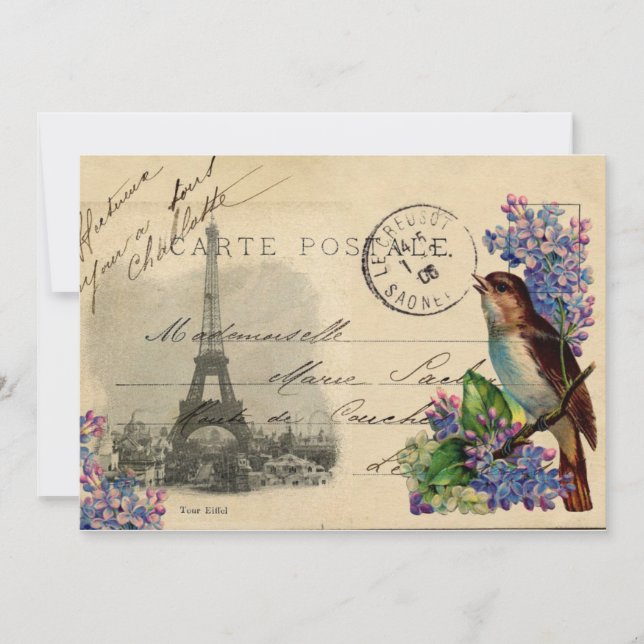 Paris Postcard Bird on Lilacs Invitation (Front)