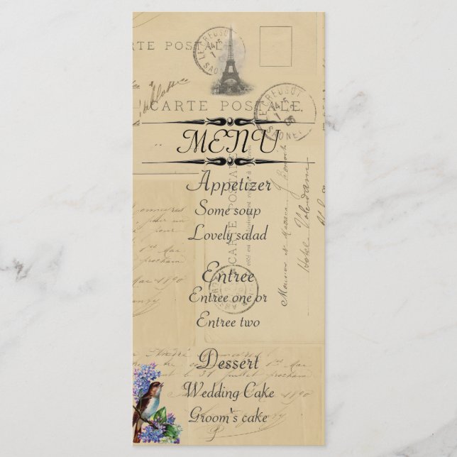 Paris Postcard Bird on Lilacs Menu Card (Front)