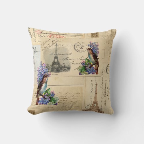 Paris Postcard Bird on Lilacs Pillow