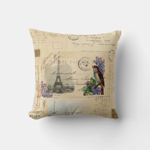 Paris Postcard Bird on Lilacs Pillow