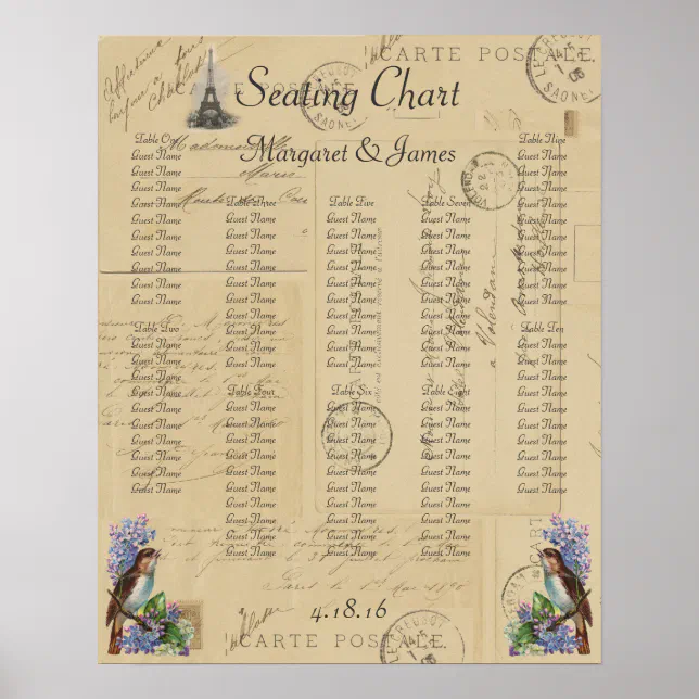 Paris Postcard Bird on Lilacs Seating Chart Zazzle