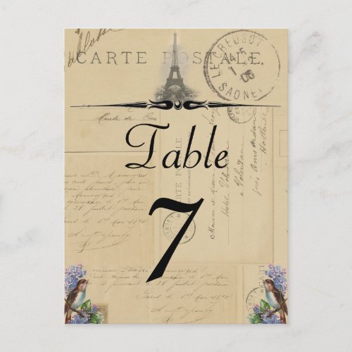 Paris Postcard Bird on Lilacs Table Number