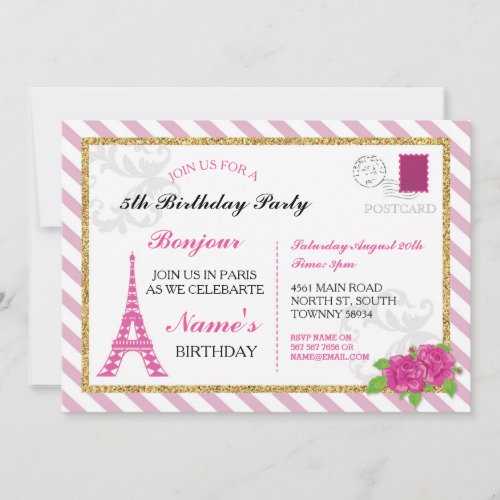 Paris Postcard France Pink Eiffel Tower Invite