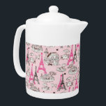 Paris Promenade Teapot<br><div class="desc">Medium white Porcelain teapot with an image of pink and brown Eiffel Towers and Paris café scenes on light pink. See matching candy jar, espresso cup, flask, pitcher, Melamine plate, paper plate and coasters. See the entire Cancan Teapot collection in the FOOD/BEV | Dishes section. This product is not associated...</div>