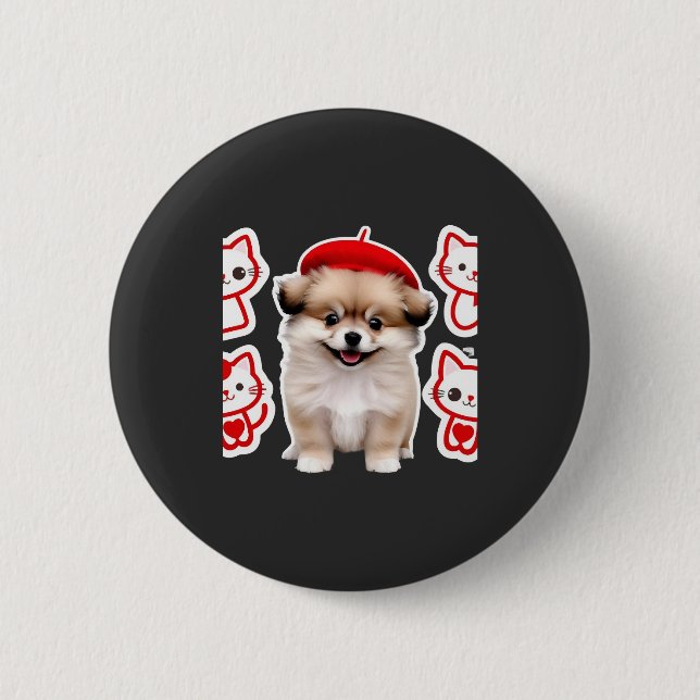 Paris Pup & Kitty Crew � Cute Beret Dog and Cat Button (Front)