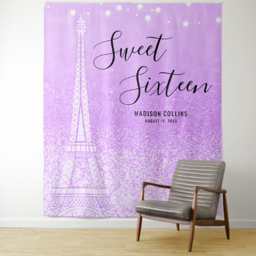 Paris Purple Glitter Lights Sweet 16 Backdrop