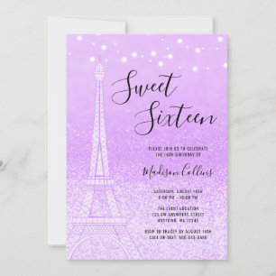 Paris Purple Glitter Lights Sweet 16 Invitation
