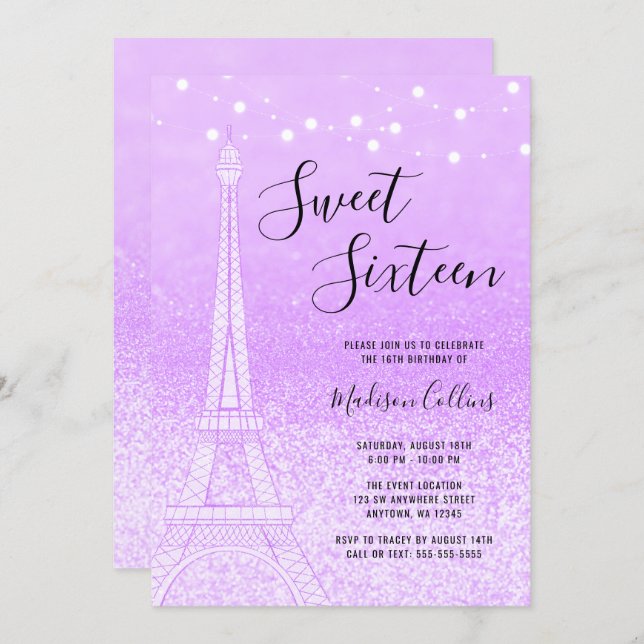 Paris Purple Glitter Lights Sweet 16 Invitation (Front/Back)