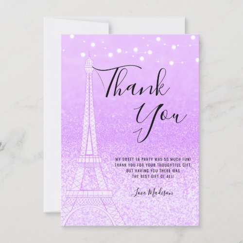 Paris Purple Glitter Lights Sweet 16 Thank You Card