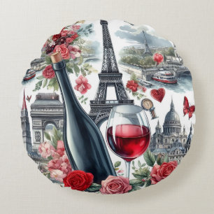 paris red wine round pillow