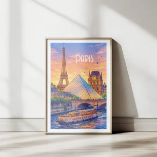 Paris Retro Travel Poster - Eiffel Tower & Louvre 