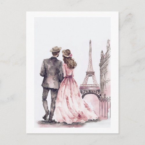 Paris Romantic Watercolor Illustration Postcard