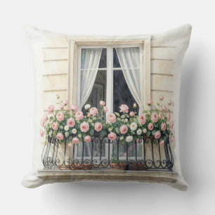 Paris Rose Balcony Watercolor Throw Pillow