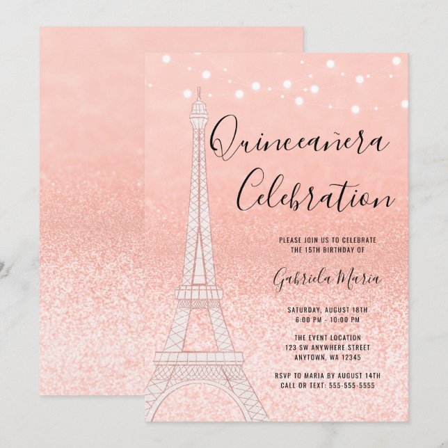 Paris Rose Gold Glitter Lights Quinceañera Invitation (Front/Back)