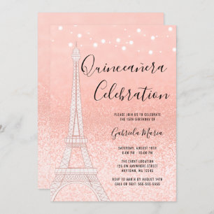 Paris Rose Gold Glitter Lights Quinceañera Invitation