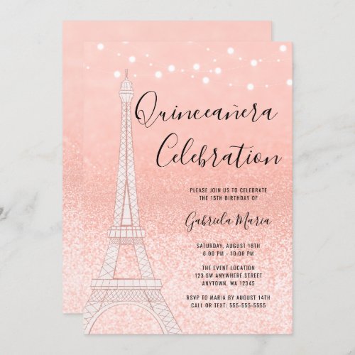 Paris Rose Gold Glitter Lights Quinceaera Invitation