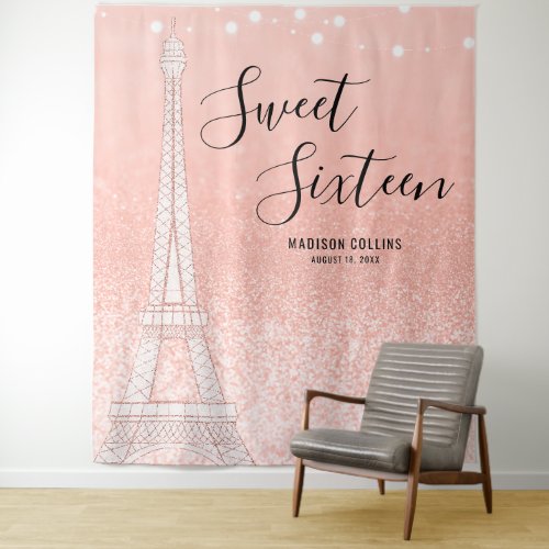 Paris Rose Gold Glitter Lights Sweet 16 Backdrop