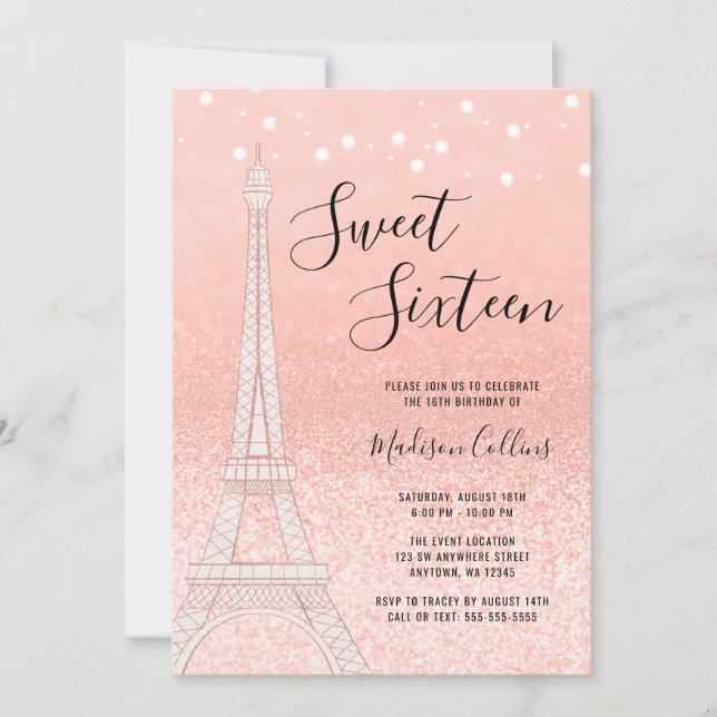 Paris Rose Gold Glitter Lights Sweet 16 Invitation (Front)