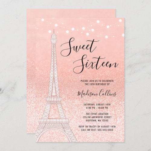 Paris Rose Gold Glitter Lights Sweet 16 Invitation