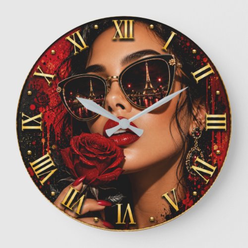 Paris Rose Noir Fashion Elegant Woman Portrait  Large Clock