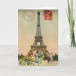 Paris Santa and Snowman Christmas Card<br><div class="desc">A beautiful vintage image of the Eiffel Tower in Paris from an old postcard with stamp and postmarks is joined by a great vintage Santa with a car full of toys and children building a snowman by the base of the Eiffel Tower on this lovely and nostalgic French themed Christmas...</div>