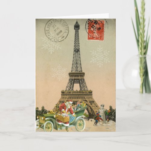 Paris Santa and Snowman Christmas Card