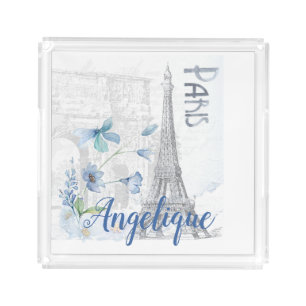 Paris Scene and Blue Flowers Custom Acrylic Tray