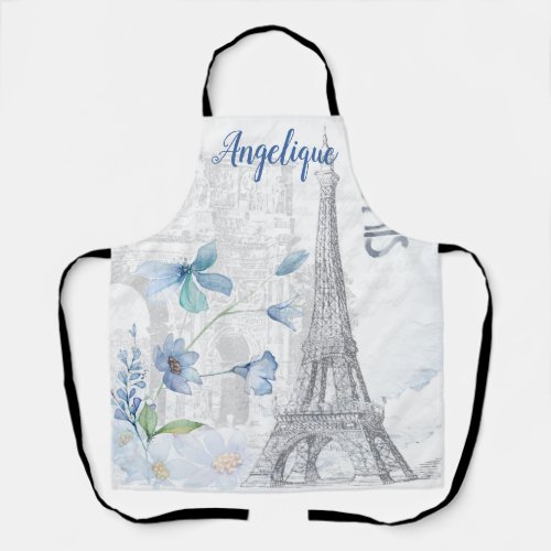 Paris Scene and Blue Flowers Custom  Apron