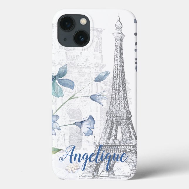 Paris Scene and Blue Flowers Custom Case-Mate iPhone Case (Back)