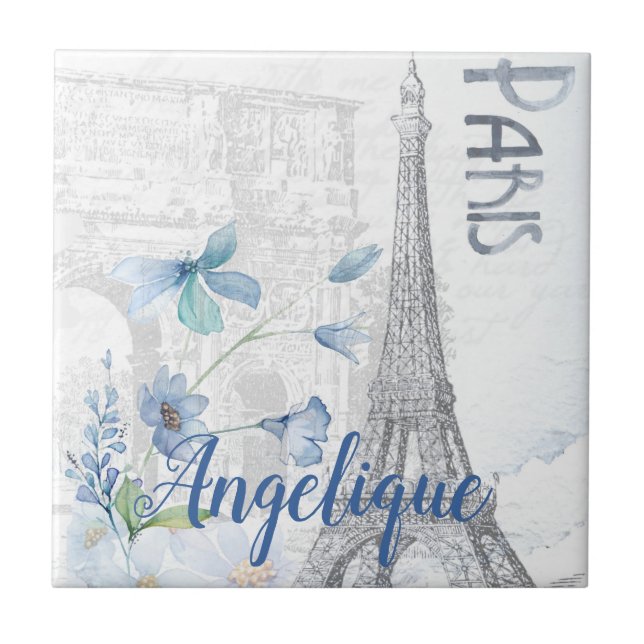 Paris Scene and Blue Flowers Custom Ceramic Tile (Front)