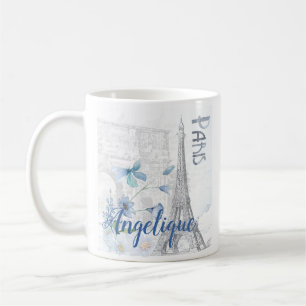 Paris Scene and Blue Flowers Custom Coffee Mug
