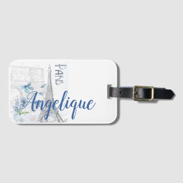 Paris Scene and Blue Flowers Custom Luggage Tag (Front Horizontal)