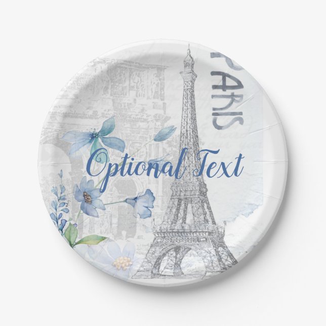 Paris Scene and Blue Flowers Custom  Paper Plates (Front)