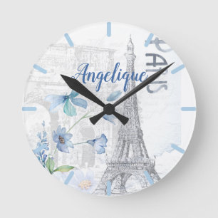 Paris Scene and Blue Flowers Custom Round Clock
