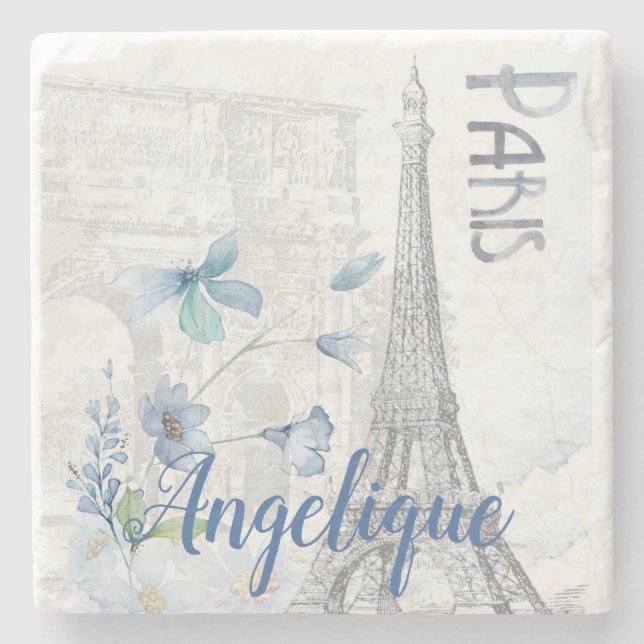 Paris Scene and Blue Flowers Custom  Stone Coaster (Front)