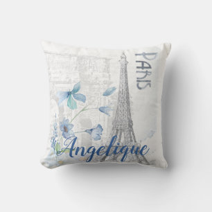 Paris Scene and Blue Flowers Custom Throw Pillow