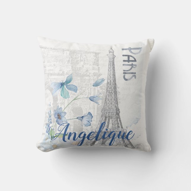 Paris Scene and Blue Flowers Custom Throw Pillow (Front)