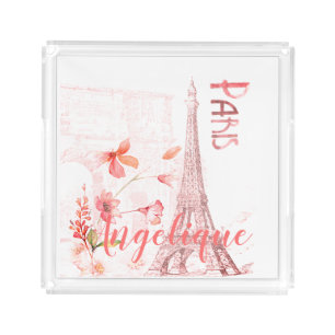 Paris Scene and Pink Flowers Custom Acrylic Tray