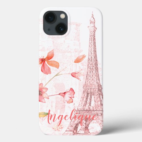 Paris Scene and Pink Flowers Custom iPhone 13 Case