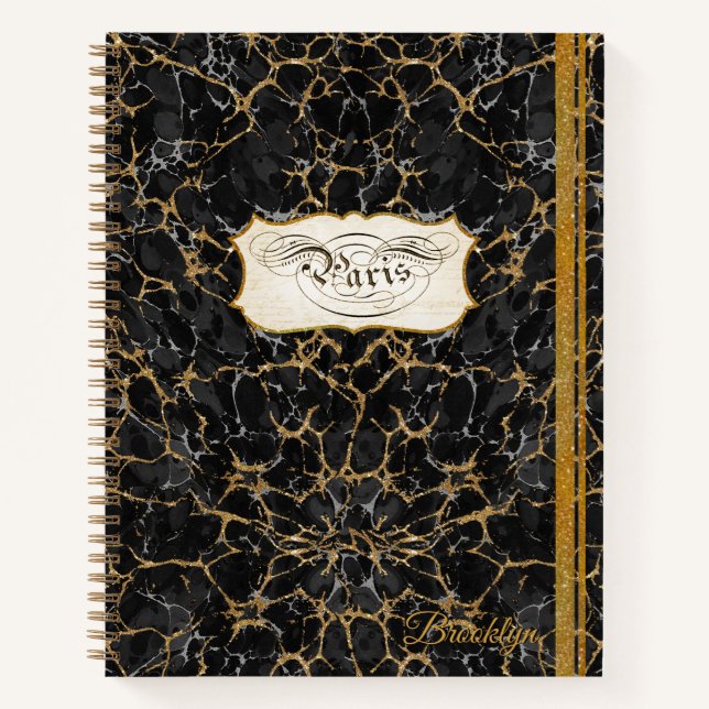 Paris Script Calligraphy Vintage Black and Gold Notebook (Front)