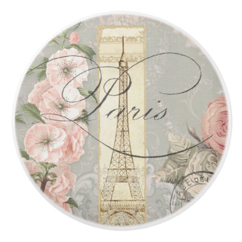 Paris Script Floral Vintage French Pink Roses Gray Ceramic Knob