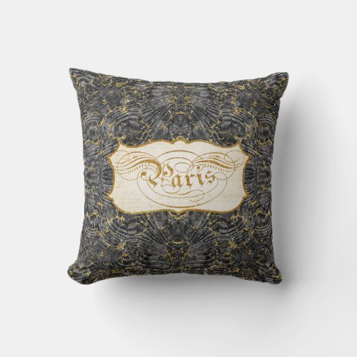 Paris Script Vintage Marble Black n Gold Glitter Throw Pillow