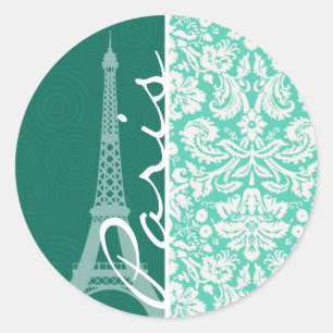 Paris; Seafoam Green Damask Classic Round Sticker