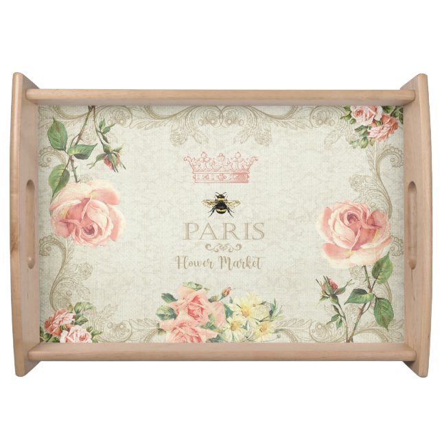 Paris Shabby Peach Pink Roses Serving Tray (Front)