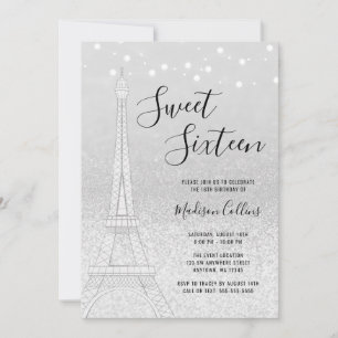 Paris Silver Glitter Lights Sweet 16 Invitation