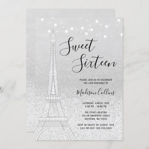 Paris Silver Glitter Lights Sweet 16 Invitation
