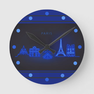 Paris Skline Neon Blue Look Cityscape  Wall Round Clock